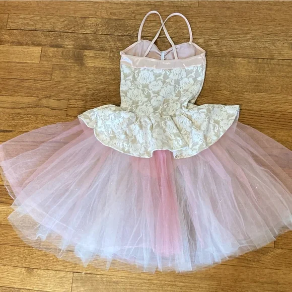Medium Child Pink Ballerina Costume -Beige floral bodice with Gold glitter - Picture 5 of 8